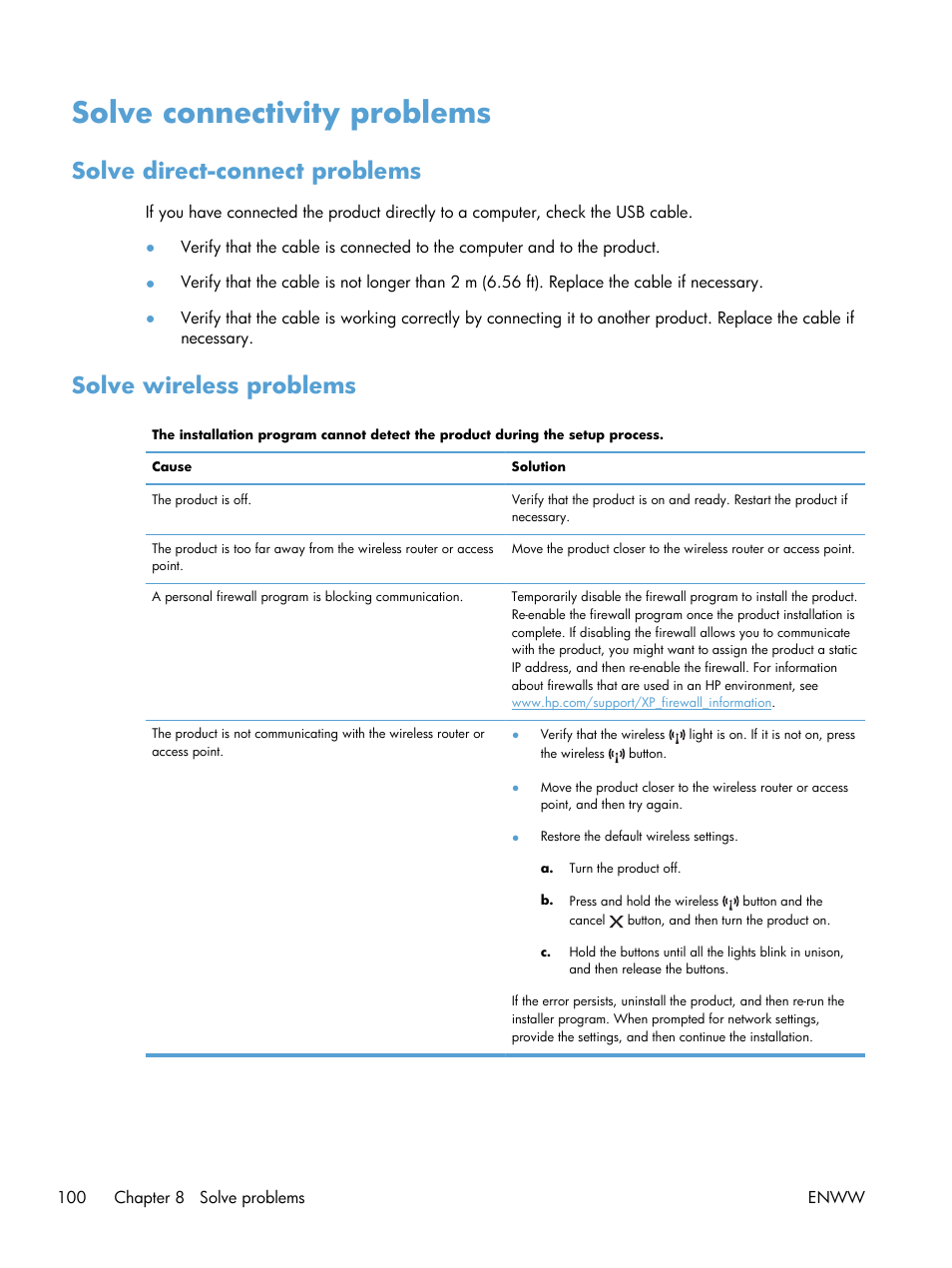 Solve connectivity problems, Solve direct-connect problems, Solve wireless problems | HP LASERJET PRO P1102w User Manual | Page 114 / 158
