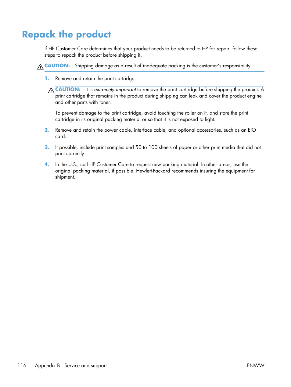 Repack the product | HP LASERJET PRO P1102w User Manual | Page 130 / 158