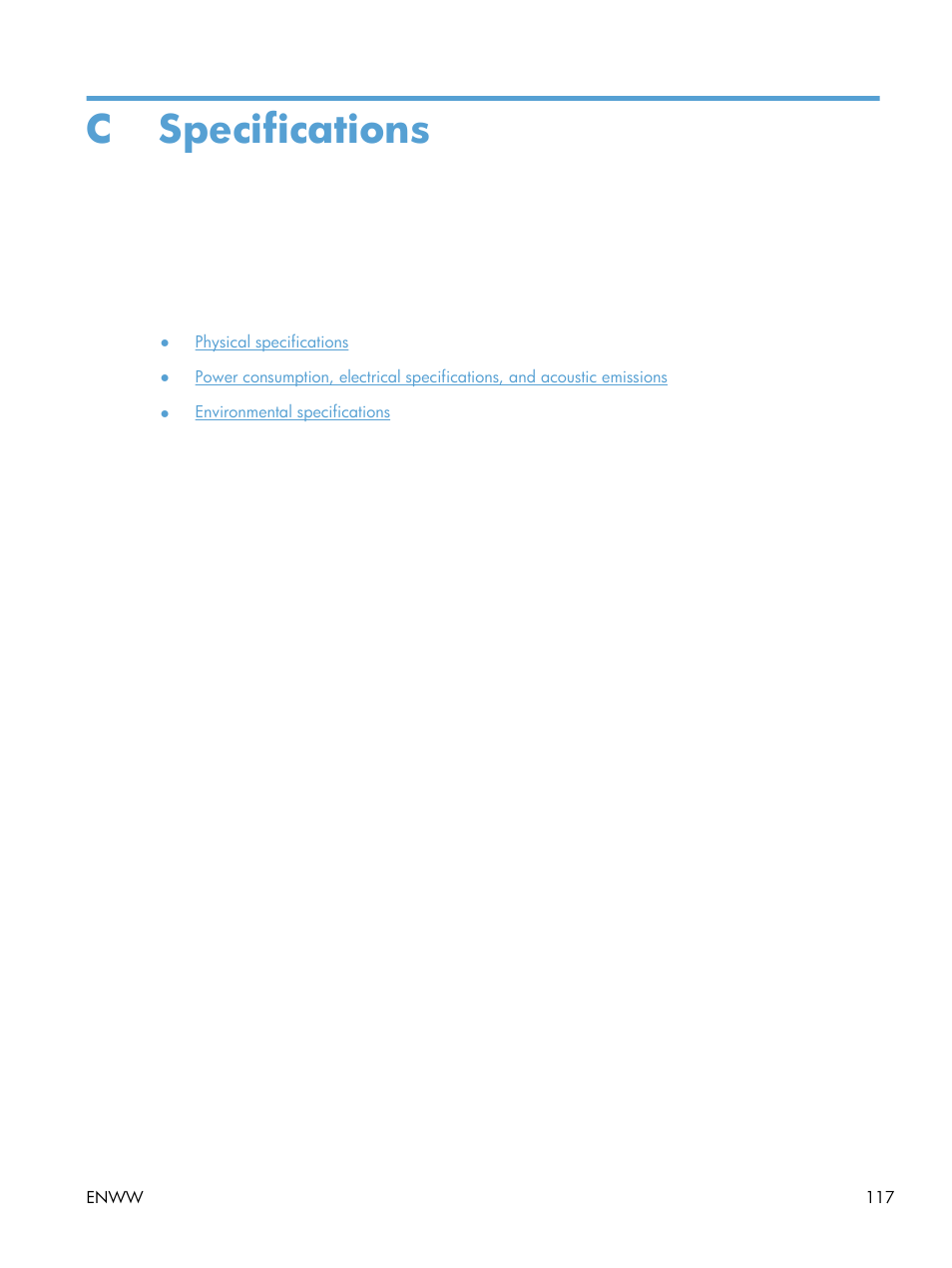 Specifications, Appendix c specifications, C specifications | HP LASERJET PRO P1102w User Manual | Page 131 / 158