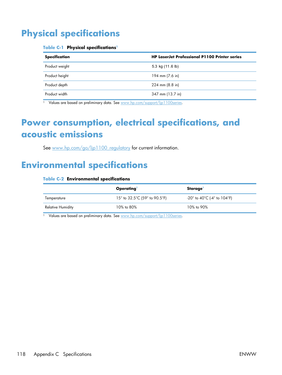 Physical specifications, Environmental specifications | HP LASERJET PRO P1102w User Manual | Page 132 / 158