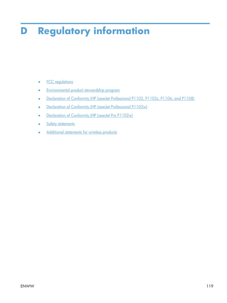 Regulatory information, Appendix d regulatory information, D regulatory information | HP LASERJET PRO P1102w User Manual | Page 133 / 158
