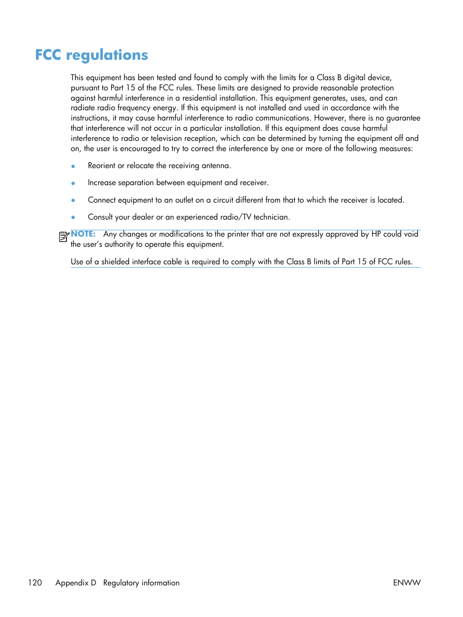 Fcc regulations | HP LASERJET PRO P1102w User Manual | Page 134 / 158