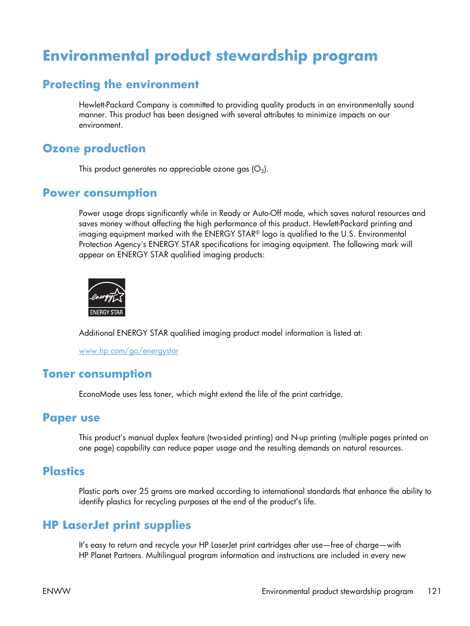 Environmental product stewardship program, Protecting the environment, Ozone production | Power consumption, Toner consumption, Paper use, Plastics, Hp laserjet print supplies | HP LASERJET PRO P1102w User Manual | Page 135 / 158