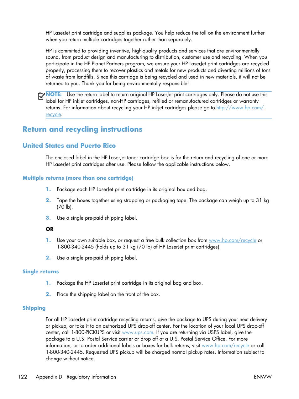 Return and recycling instructions, United states and puerto rico, Multiple returns (more than one cartridge) | Single returns, Shipping | HP LASERJET PRO P1102w User Manual | Page 136 / 158