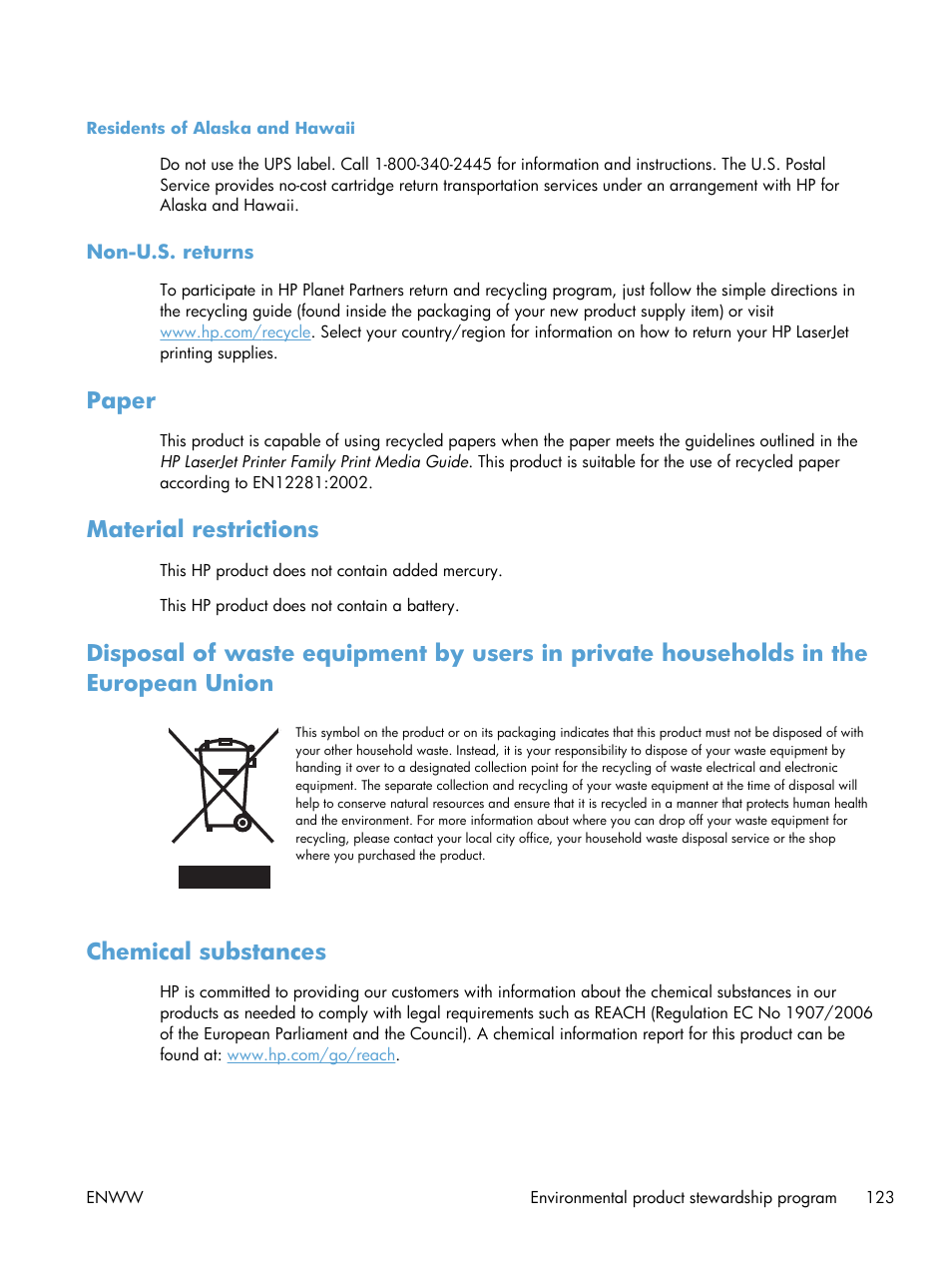 Residents of alaska and hawaii, Non-u.s. returns, Paper | Material restrictions, Chemical substances | HP LASERJET PRO P1102w User Manual | Page 137 / 158