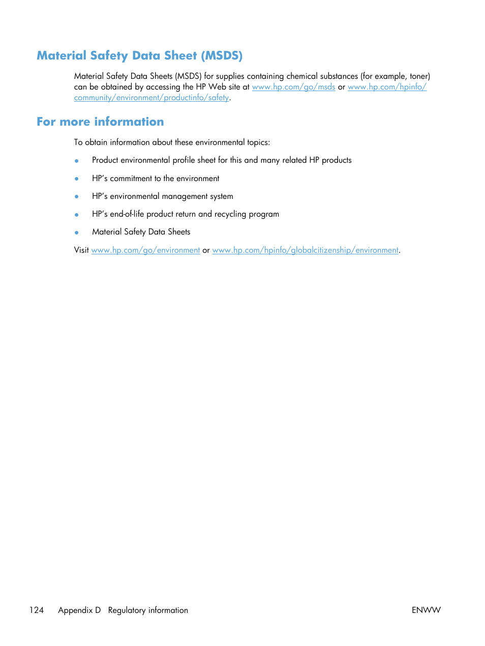 Material safety data sheet (msds), For more information | HP LASERJET PRO P1102w User Manual | Page 138 / 158