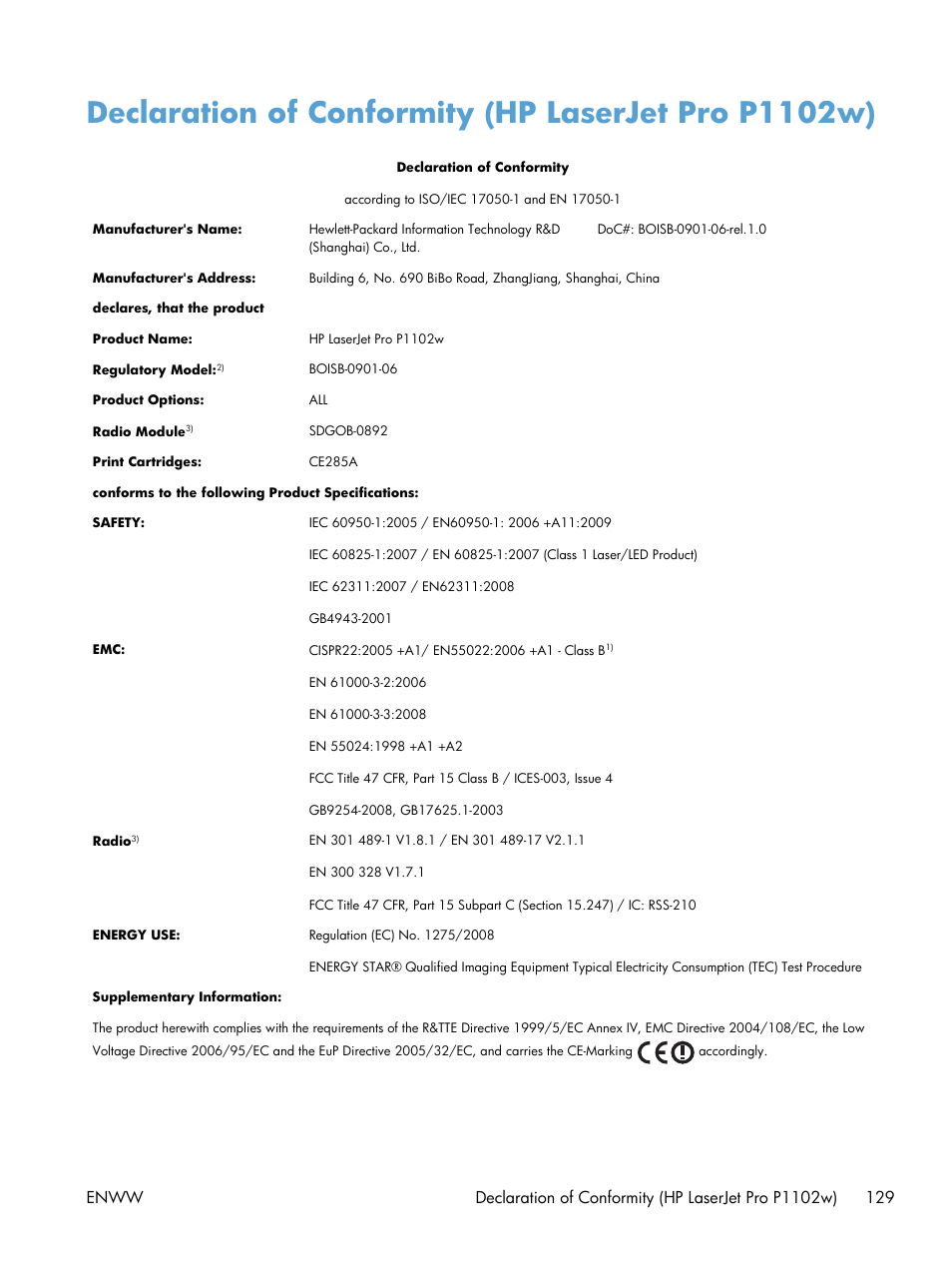 Declaration of conformity (hp laserjet pro p1102w) | HP LASERJET PRO P1102w User Manual | Page 143 / 158