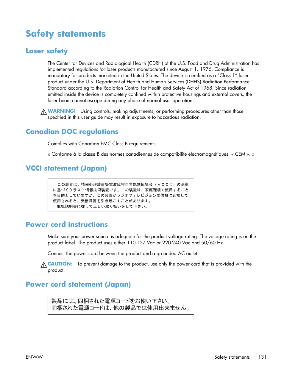 Safety statements, Laser safety, Canadian doc regulations | Vcci statement (japan), Power cord instructions, Power cord statement (japan), Vcci statement (japan) power cord instructions | HP LASERJET PRO P1102w User Manual | Page 145 / 158