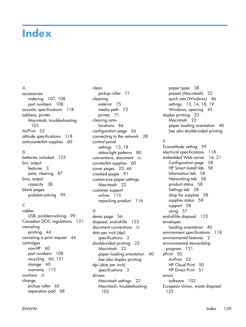 Index | HP LASERJET PRO P1102w User Manual | Page 153 / 158