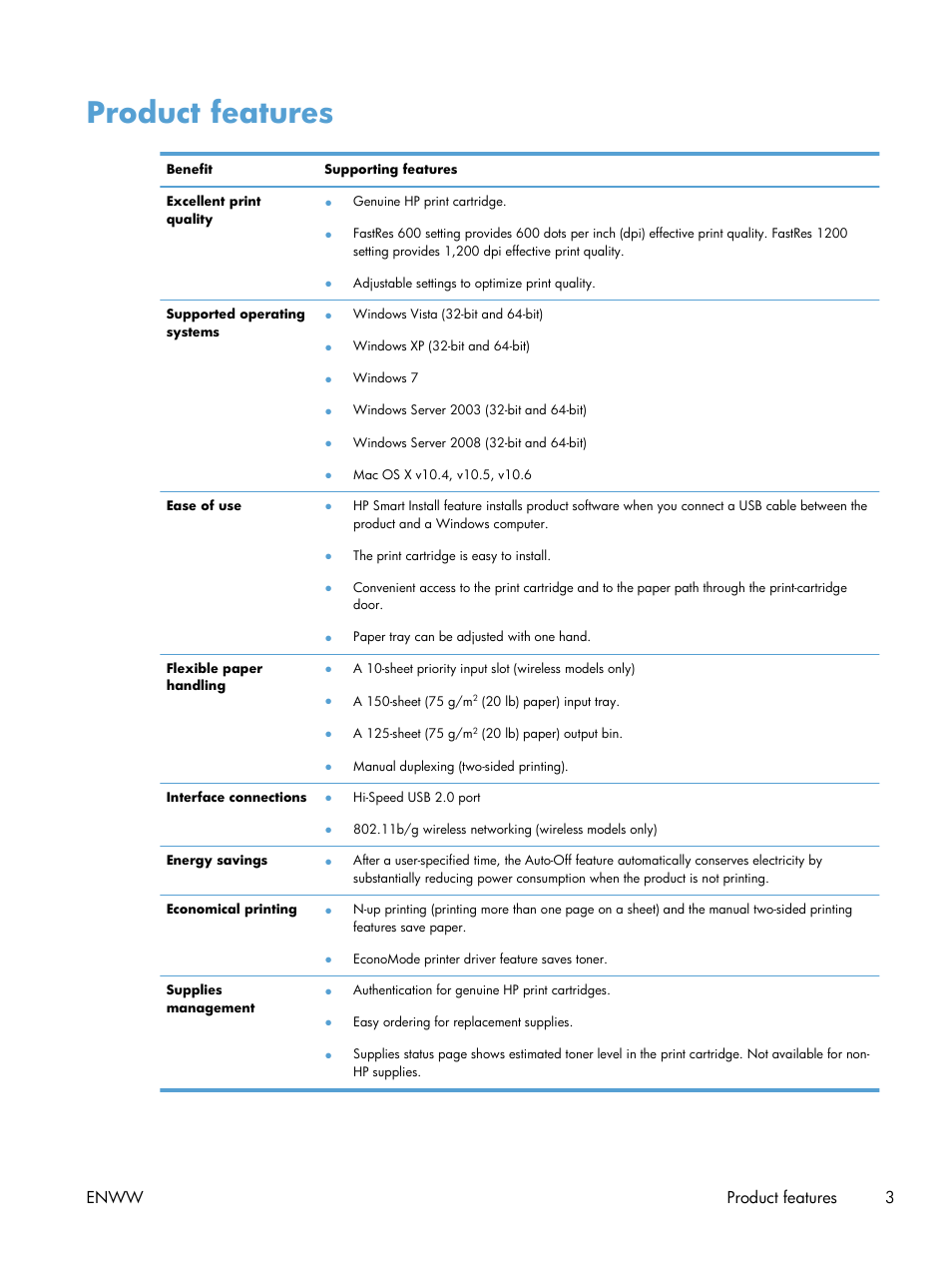 Product features, Enww product features 3 | HP LASERJET PRO P1102w User Manual | Page 17 / 158
