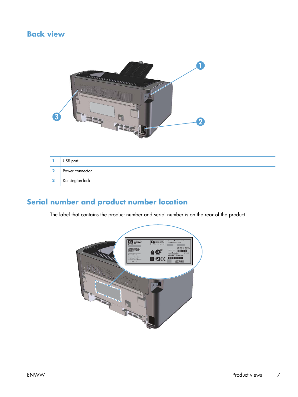 Back view, Serial number and product number location, Back view 2 1 3 | HP LASERJET PRO P1102w User Manual | Page 21 / 158
