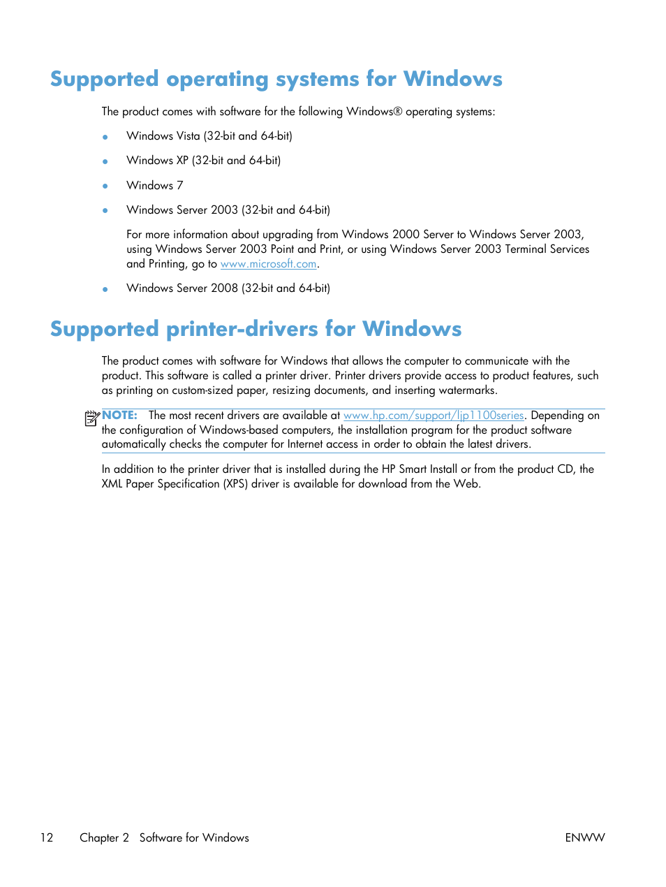Supported operating systems for windows, Supported printer-drivers for windows | HP LASERJET PRO P1102w User Manual | Page 26 / 158