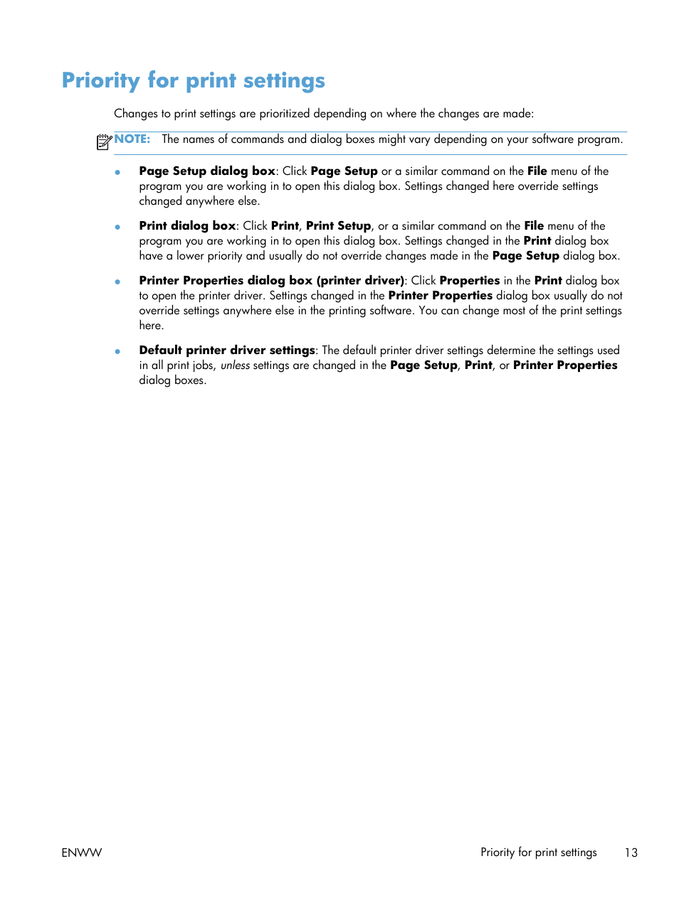 Priority for print settings | HP LASERJET PRO P1102w User Manual | Page 27 / 158