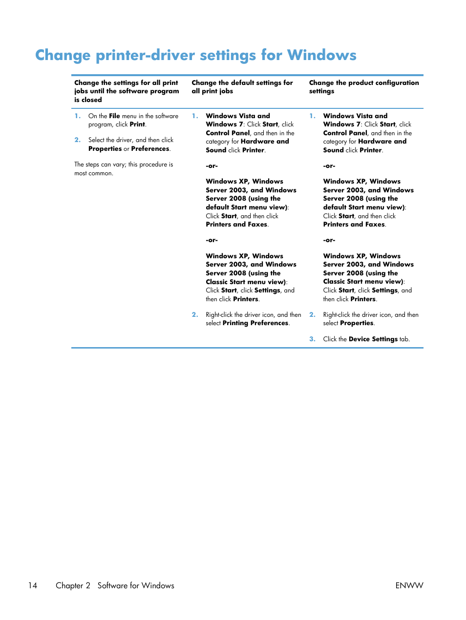 Change printer-driver settings for windows | HP LASERJET PRO P1102w User Manual | Page 28 / 158