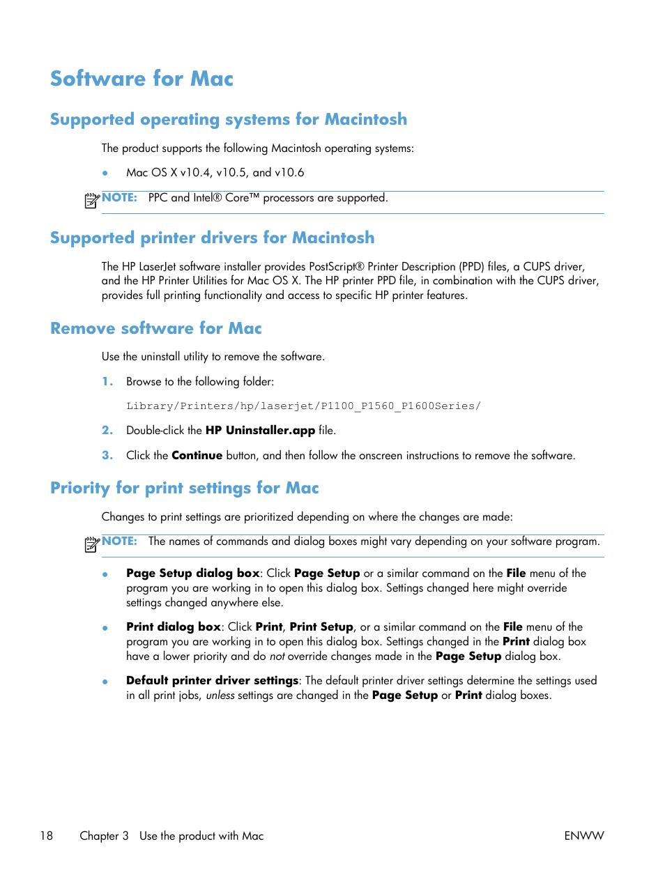 Software for mac, Supported operating systems for macintosh, Supported printer drivers for macintosh | Remove software for mac, Priority for print settings for mac | HP LASERJET PRO P1102w User Manual | Page 32 / 158