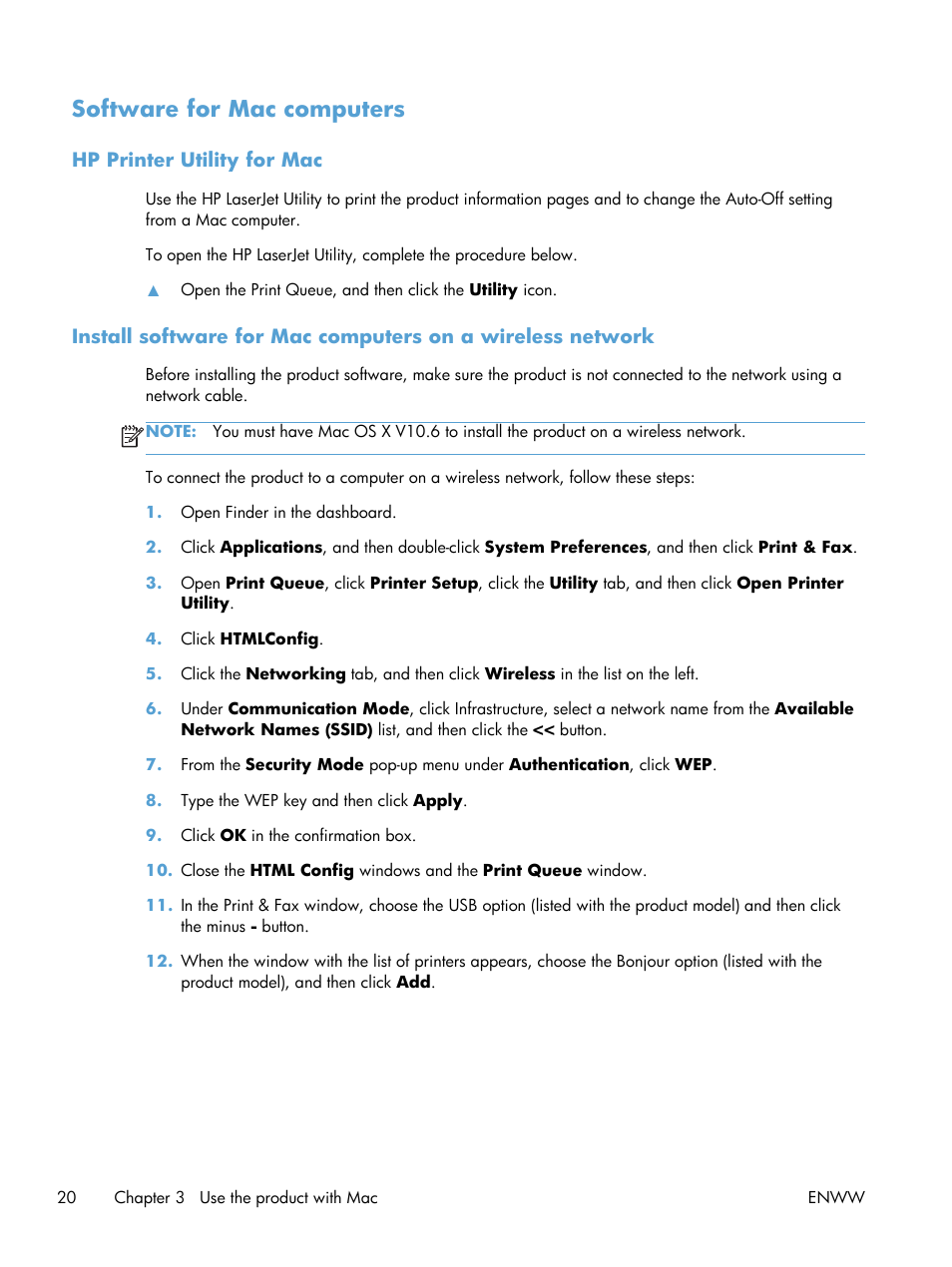 Software for mac computers, Hp printer utility for mac | HP LASERJET PRO P1102w User Manual | Page 34 / 158