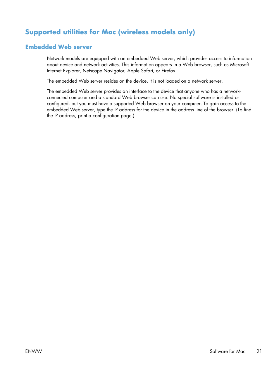 Supported utilities for mac (wireless models only), Embedded web server | HP LASERJET PRO P1102w User Manual | Page 35 / 158