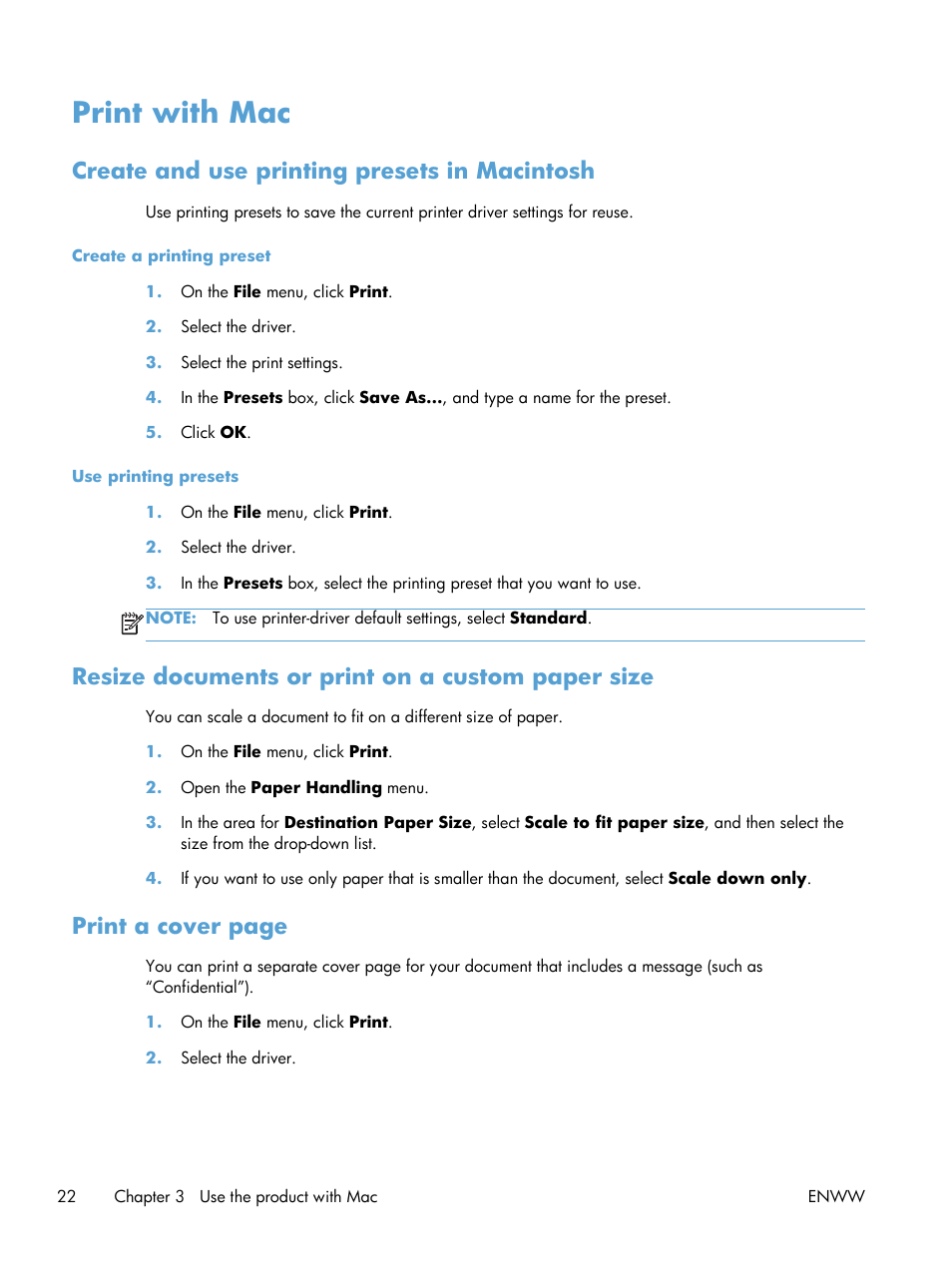 Print with mac, Create and use printing presets in macintosh, Resize documents or print on a custom paper size | Print a cover page | HP LASERJET PRO P1102w User Manual | Page 36 / 158