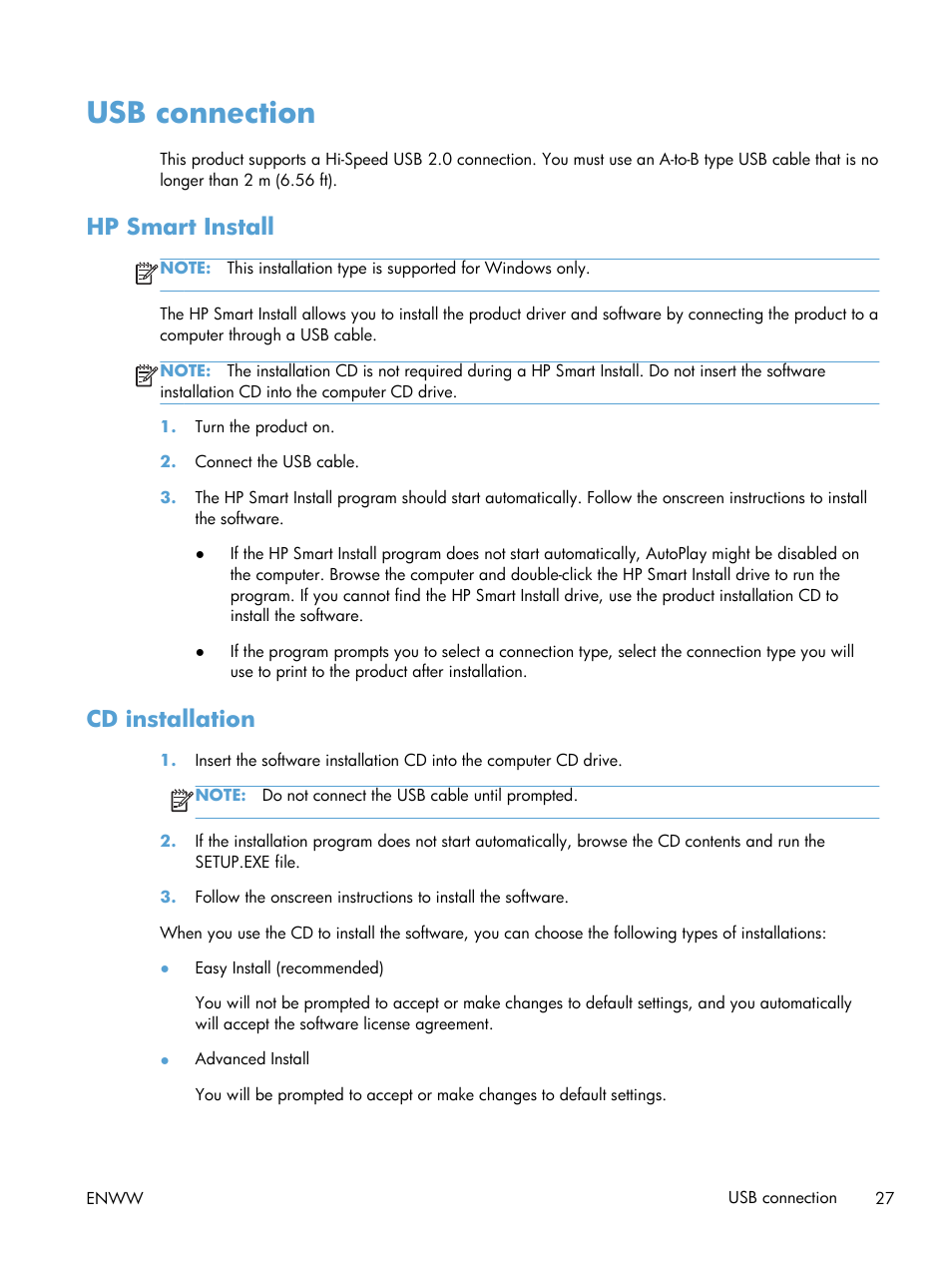 Usb connection, Hp smart install, Cd installation | Hp smart install cd installation | HP LASERJET PRO P1102w User Manual | Page 41 / 158