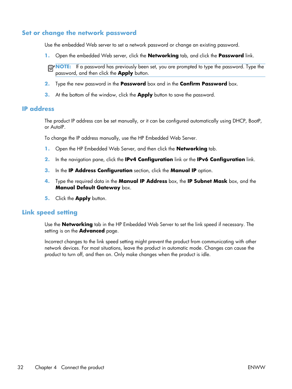 Set or change the network password, Ip address, Link speed setting | HP LASERJET PRO P1102w User Manual | Page 46 / 158