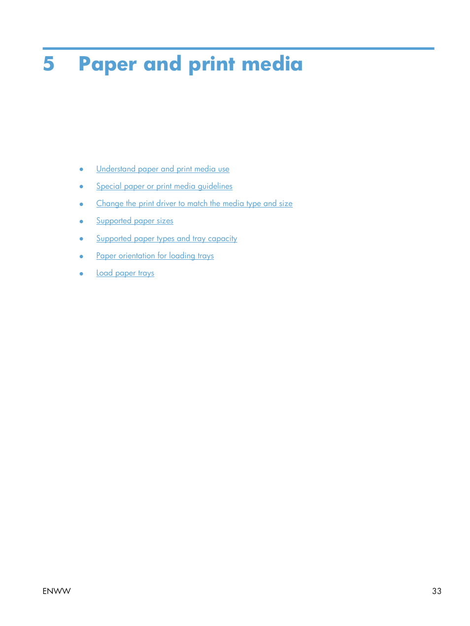 Paper and print media, 5 paper and print media | HP LASERJET PRO P1102w User Manual | Page 47 / 158