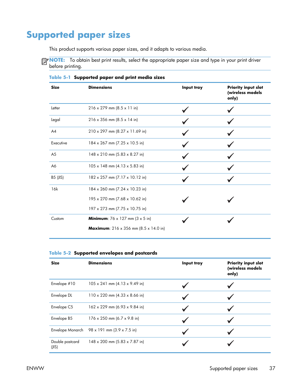 Supported paper sizes | HP LASERJET PRO P1102w User Manual | Page 51 / 158