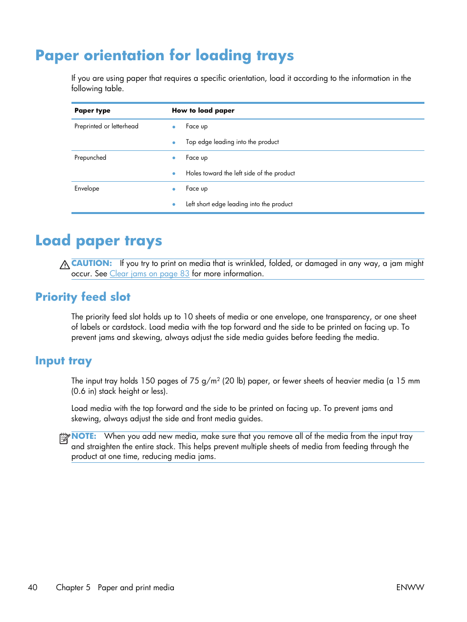 Paper orientation for loading trays, Load paper trays, Priority feed slot | Input tray | HP LASERJET PRO P1102w User Manual | Page 54 / 158