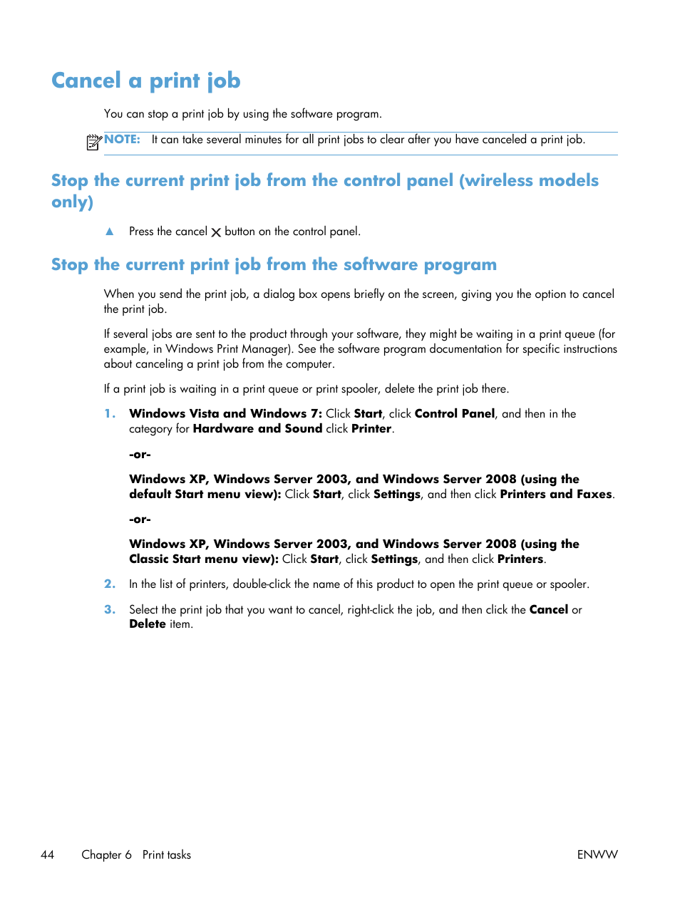Cancel a print job | HP LASERJET PRO P1102w User Manual | Page 58 / 158