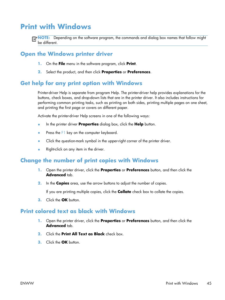 Print with windows, Open the windows printer driver, Get help for any print option with windows | Change the number of print copies with windows, Print colored text as black with windows | HP LASERJET PRO P1102w User Manual | Page 59 / 158