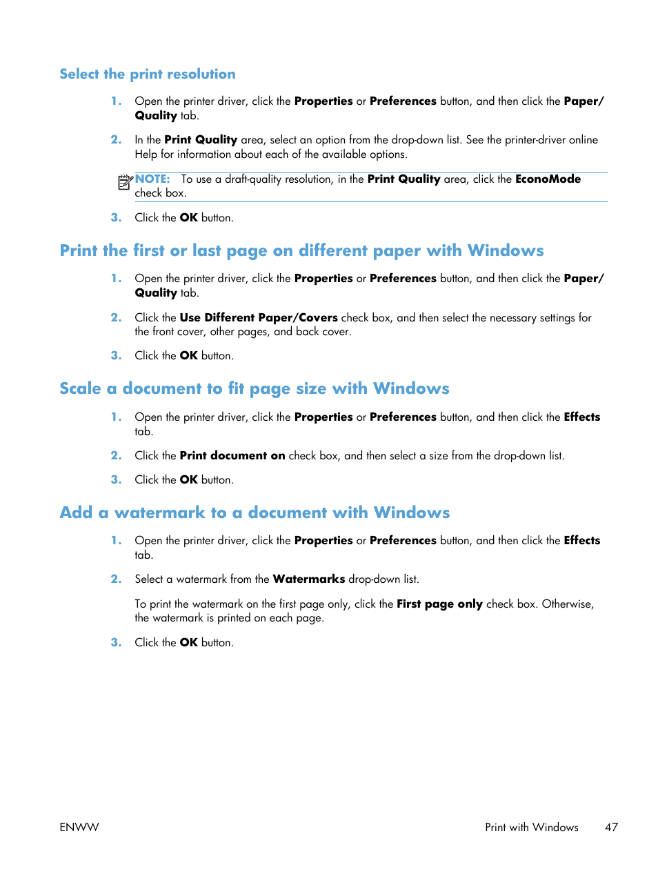 Select the print resolution, Add a watermark to a document with windows, Scale a document to fit page size with windows | HP LASERJET PRO P1102w User Manual | Page 61 / 158