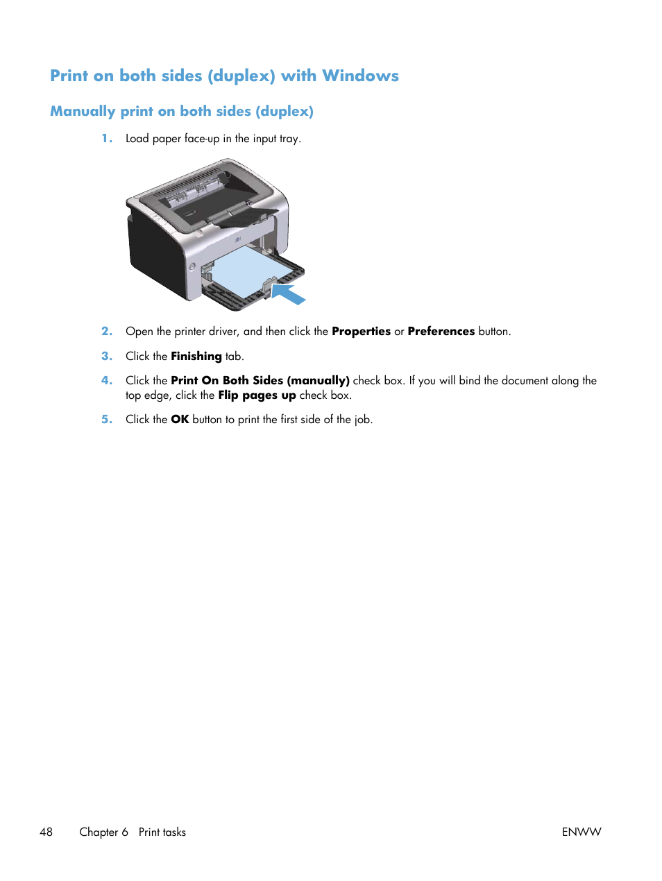 Print on both sides (duplex) with windows, Manually print on both sides (duplex) | HP LASERJET PRO P1102w User Manual | Page 62 / 158