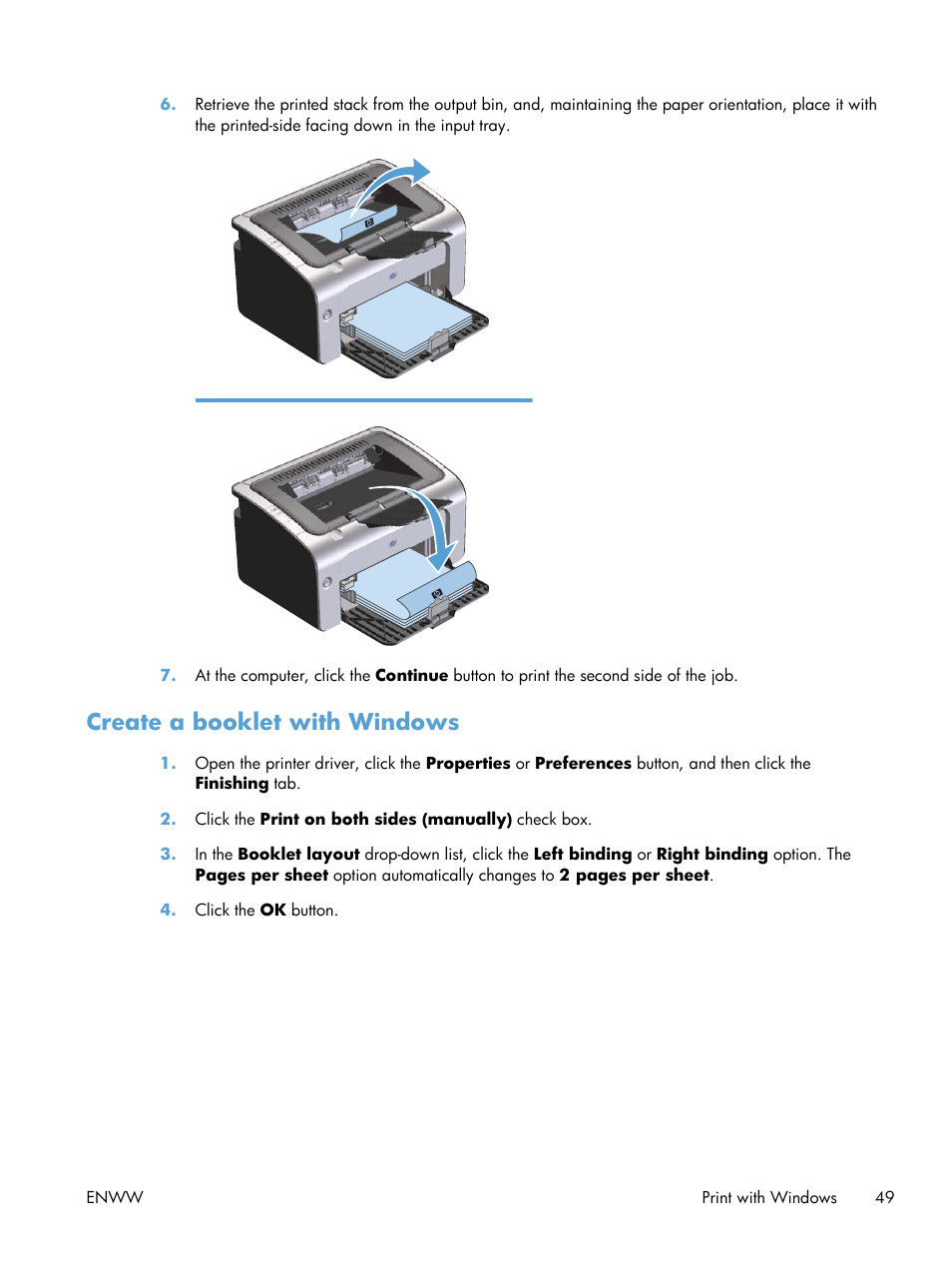 Create a booklet with windows | HP LASERJET PRO P1102w User Manual | Page 63 / 158