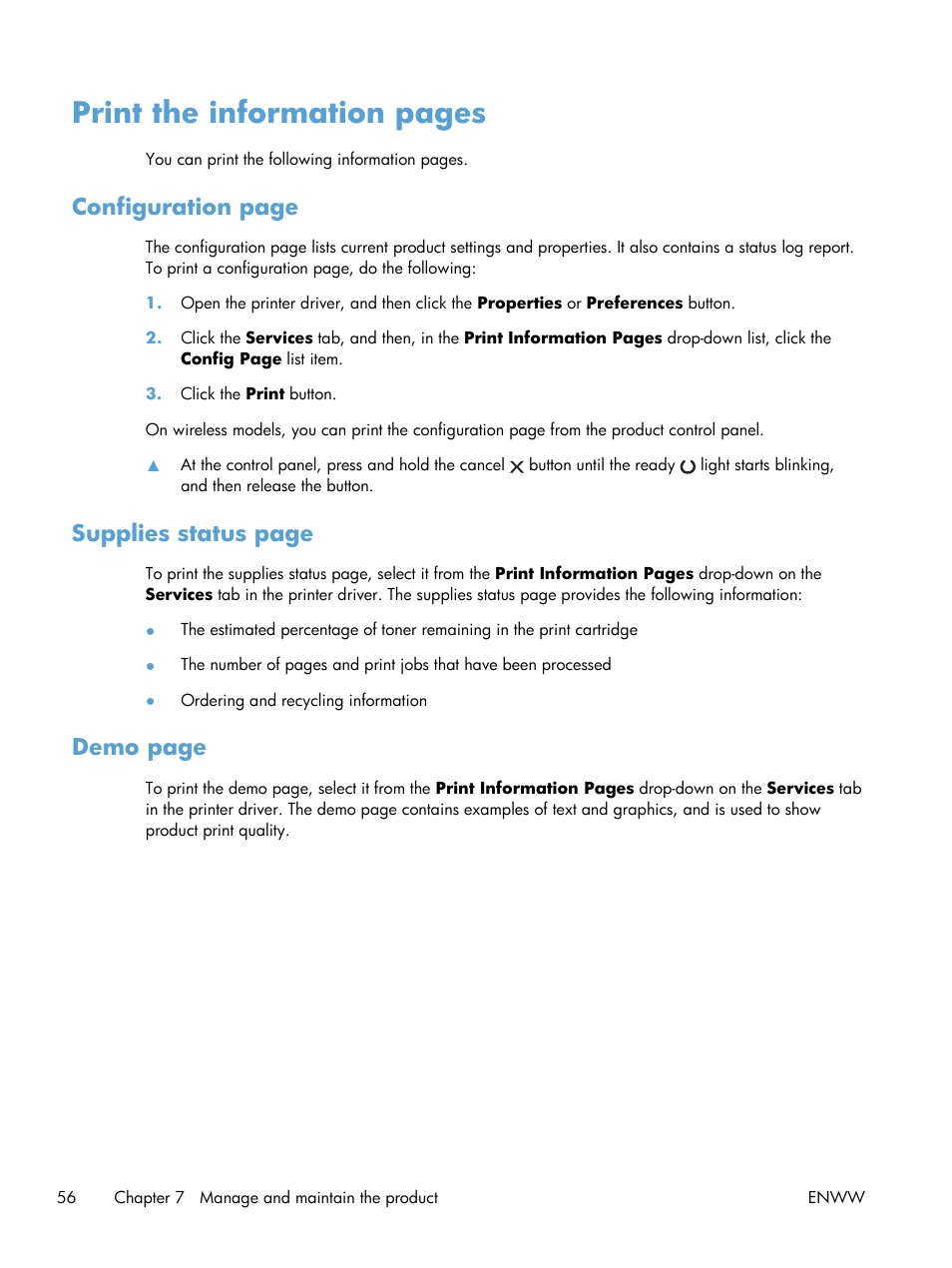Print the information pages, Configuration page, Supplies status page | Demo page | HP LASERJET PRO P1102w User Manual | Page 70 / 158