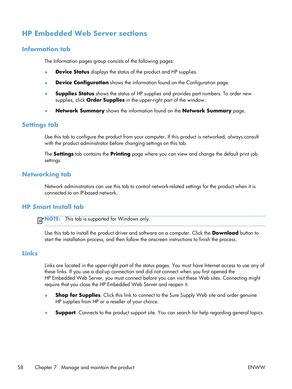 Hp embedded web server sections, Information tab, Settings tab | Networking tab, Hp smart install tab, Links | HP LASERJET PRO P1102w User Manual | Page 72 / 158