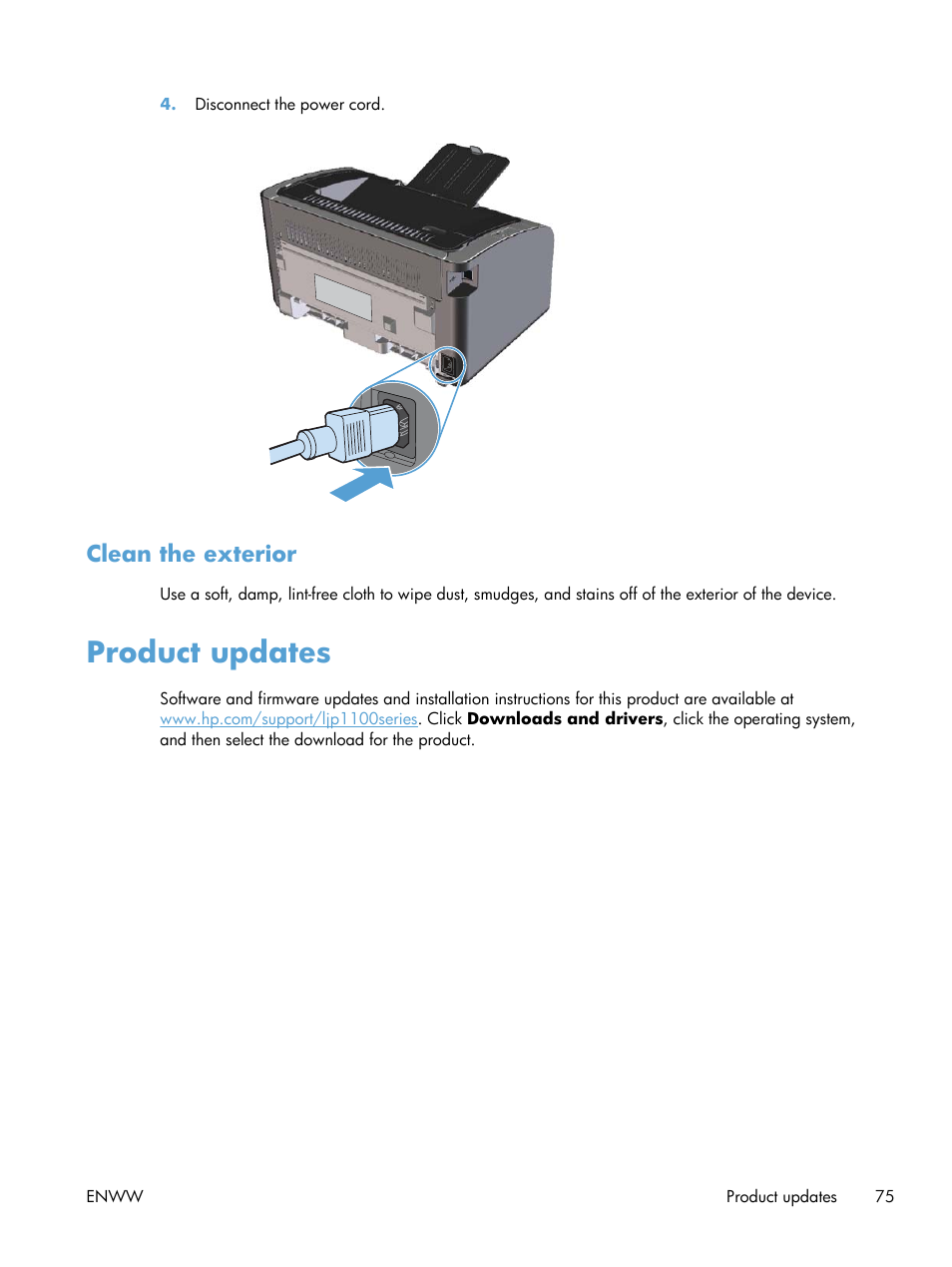 Clean the exterior, Product updates | HP LASERJET PRO P1102w User Manual | Page 89 / 158