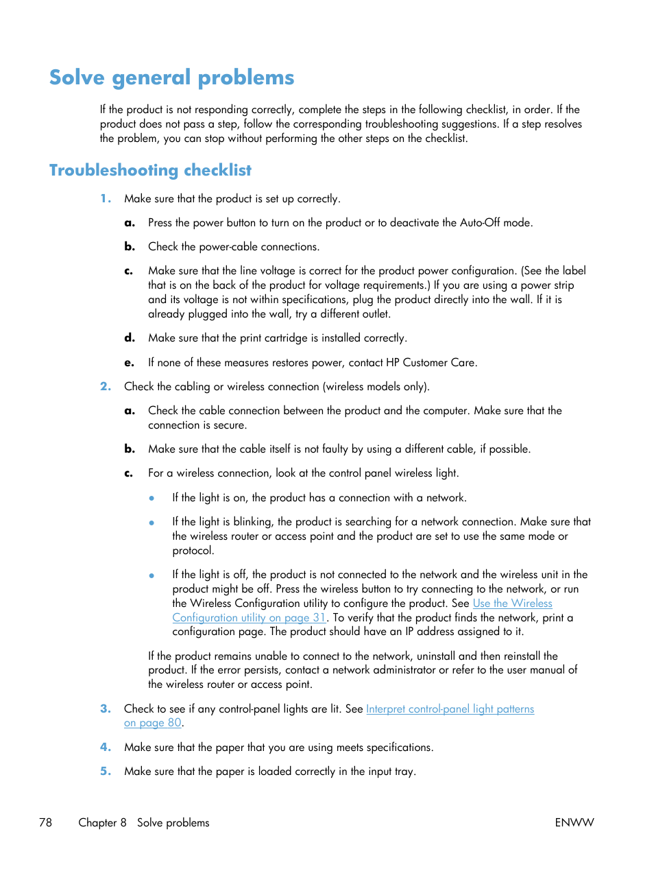 Solve general problems, Troubleshooting checklist | HP LASERJET PRO P1102w User Manual | Page 92 / 158