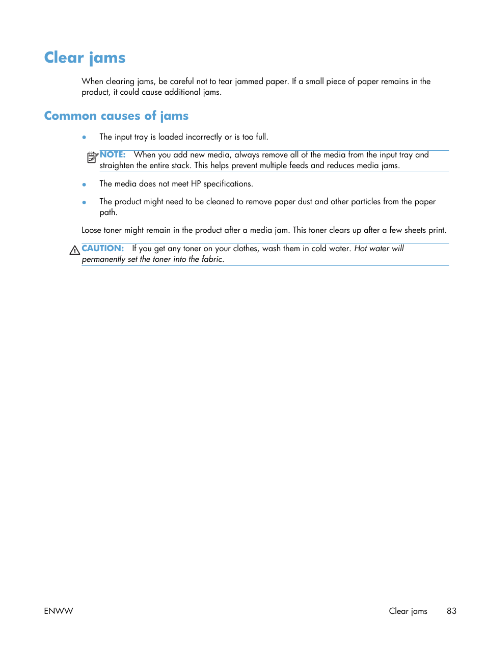 Clear jams, Common causes of jams | HP LASERJET PRO P1102w User Manual | Page 97 / 158
