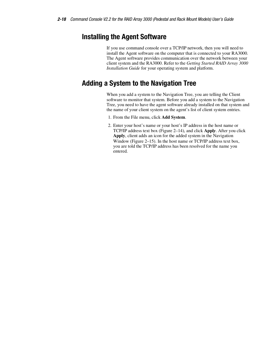 Installing the agent software, Adding a system to the navigation tree | HP StorageWorks 3000 RAID Array User Manual | Page 44 / 126