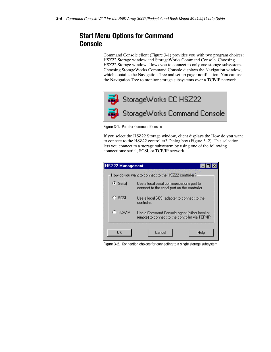Start menu options for command console | HP StorageWorks 3000 RAID Array User Manual | Page 50 / 126