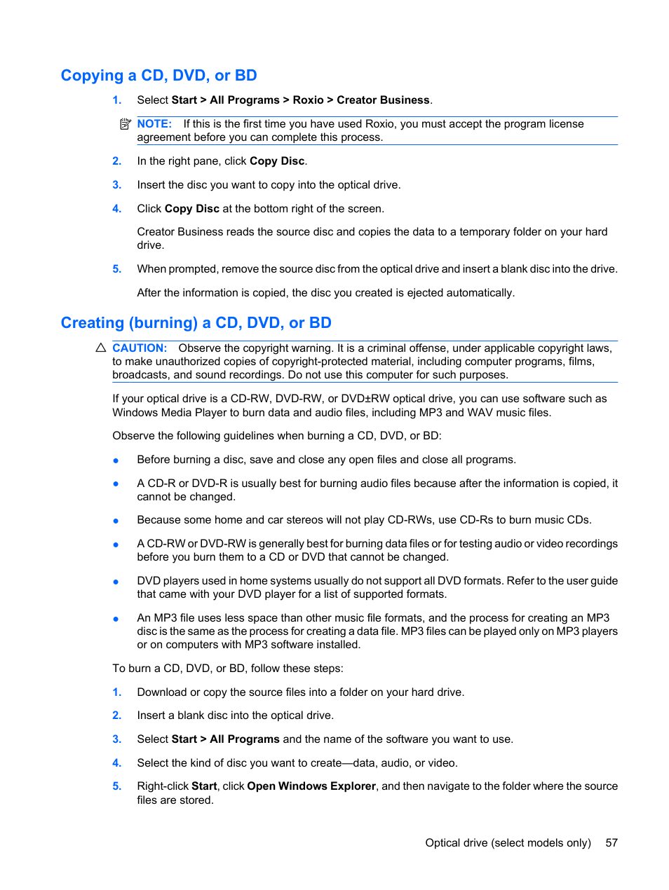 Copying a cd, dvd, or bd, Creating (burning) a cd, dvd, or bd | HP EliteBook 8540w Mobile Workstation User Manual | Page 69 / 187