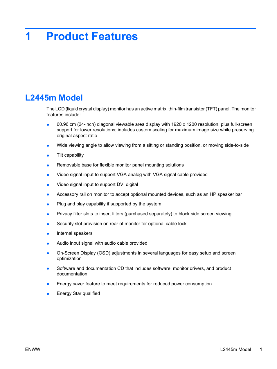 Product features, L2445m model, 1 product features | 1product features | HP L2445m 24-inch Diagonal LCD Monitor User Manual | Page 7 / 39