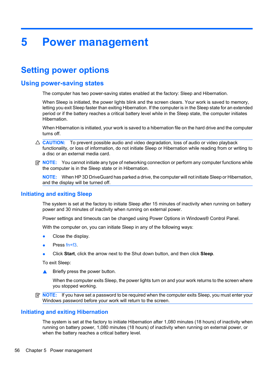 Power management, Setting power options, Using power-saving states | Initiating and exiting sleep, Initiating and exiting hibernation, 5 power management, 5power management | HP EliteBook 8740w Mobile Workstation User Manual | Page 68 / 150