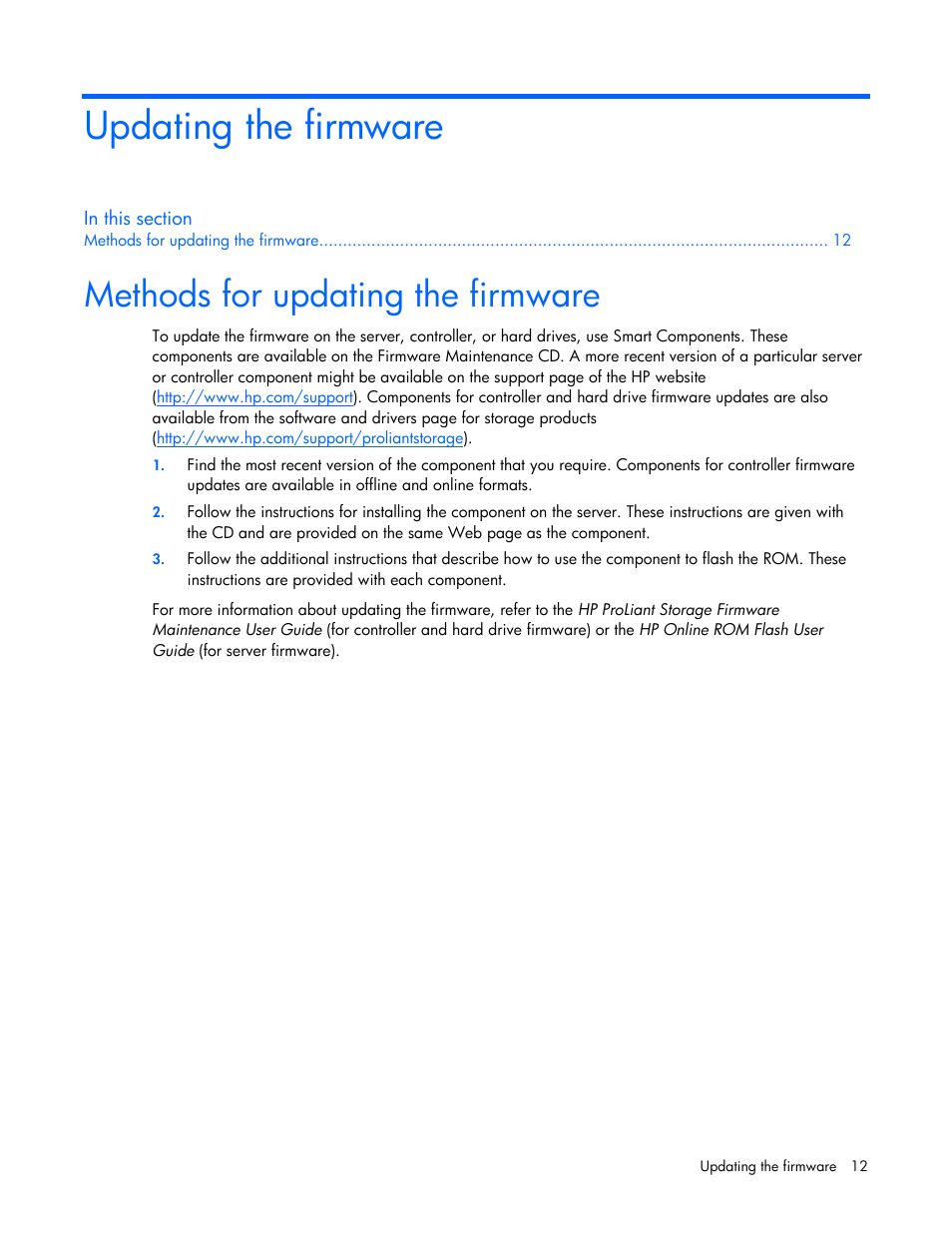 Updating the firmware, Methods for updating the firmware, Ntroller firmware | HP Smart Array P600-Controller User Manual | Page 12 / 38