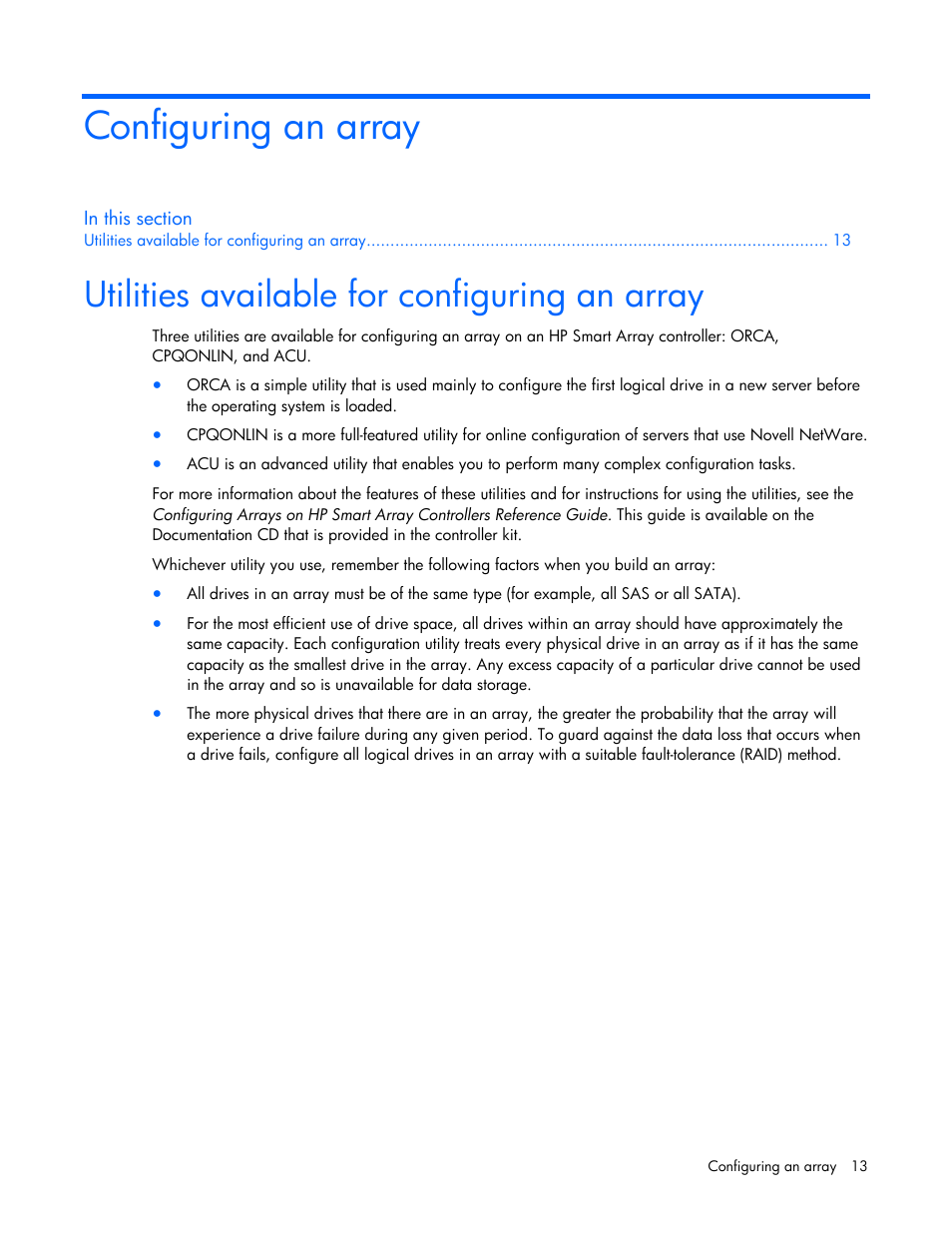 Configuring an array, Utilities available for configuring an array | HP Smart Array P600-Controller User Manual | Page 13 / 38
