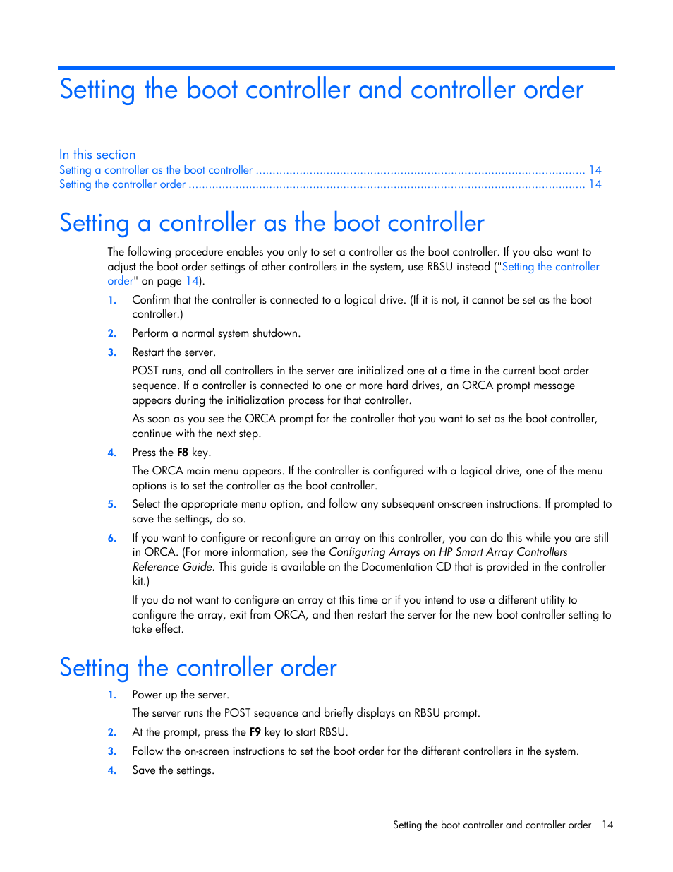Setting the boot controller and controller order, Setting a controller as the boot controller, Setting the controller order | Setting a controller as the boot, Controller | HP Smart Array P600-Controller User Manual | Page 14 / 38