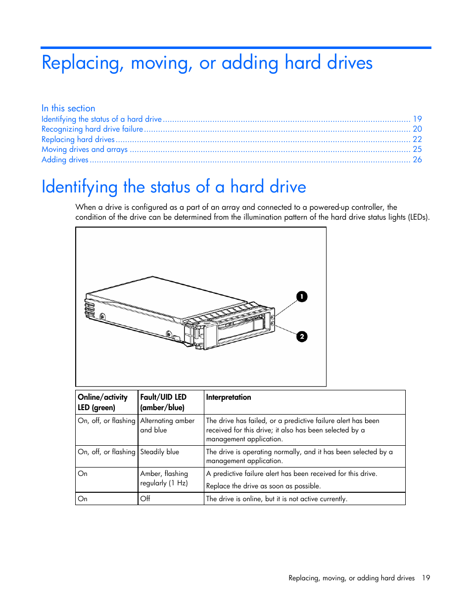 Replacing, moving, or adding hard drives, Identifying the status of a hard drive, And c | HP Smart Array P600-Controller User Manual | Page 19 / 38