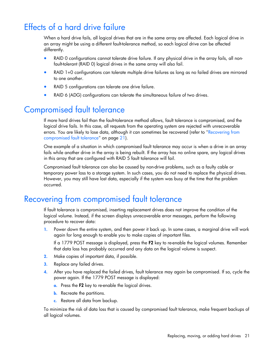 Effects of a hard drive failure, Compromised fault tolerance, Recovering from compromised fault tolerance | HP Smart Array P600-Controller User Manual | Page 21 / 38