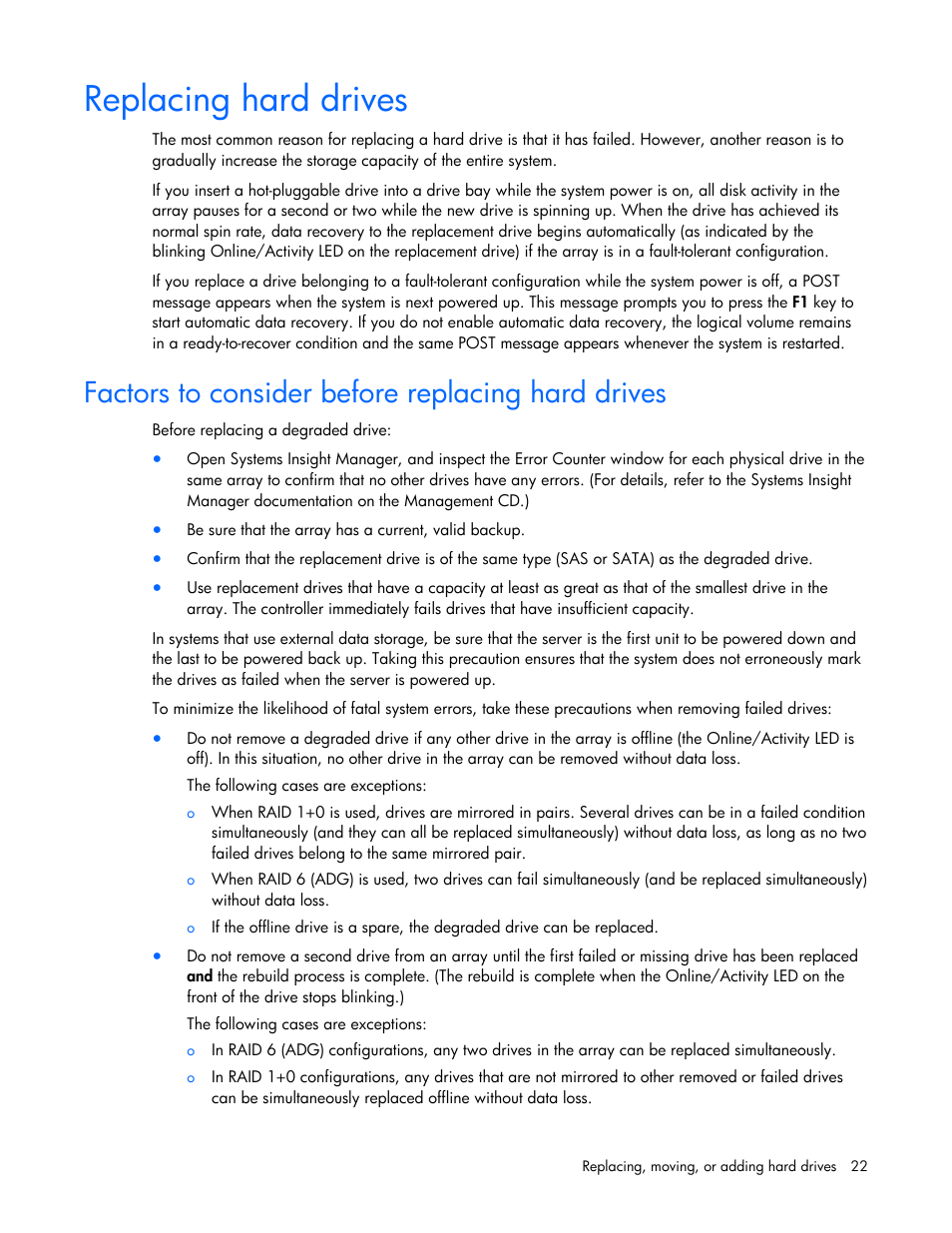 Replacing hard drives, Factors to consider before replacing hard drives | HP Smart Array P600-Controller User Manual | Page 22 / 38