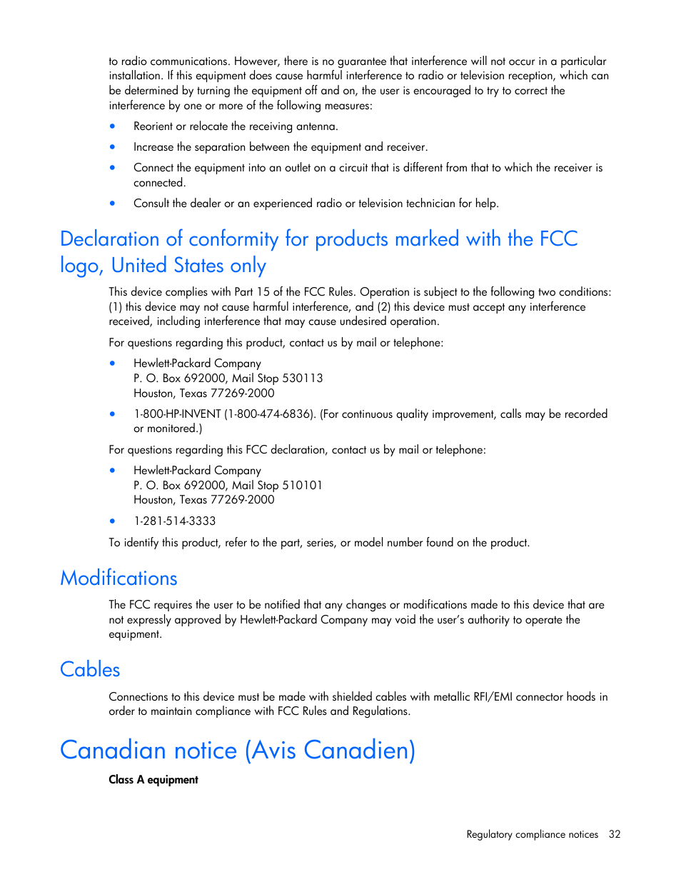 Modifications, Cables, Canadian notice (avis canadien) | HP Smart Array P600-Controller User Manual | Page 32 / 38