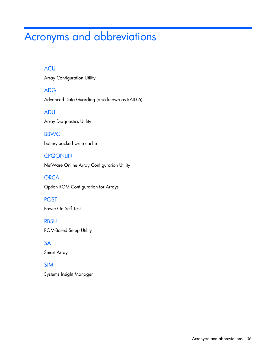 Acronyms and abbreviations | HP Smart Array P600-Controller User Manual | Page 36 / 38